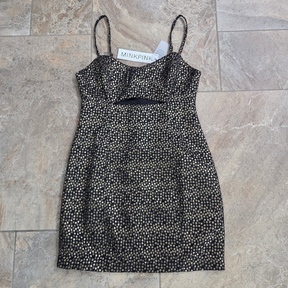 NWT Minkpink Gold Metallic Polka Dot Cutout Mini Dress Black Small